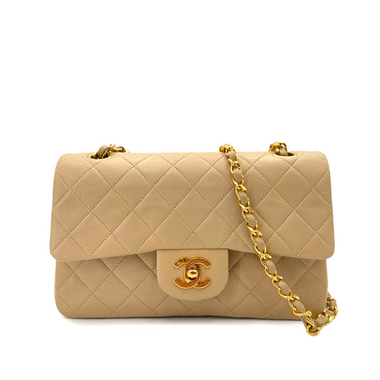 CHANEL VINTAGE CLASSIC FLAP SMALL CHAIN SHOULDER BAG BEIGE LAMB SKIN 90247299