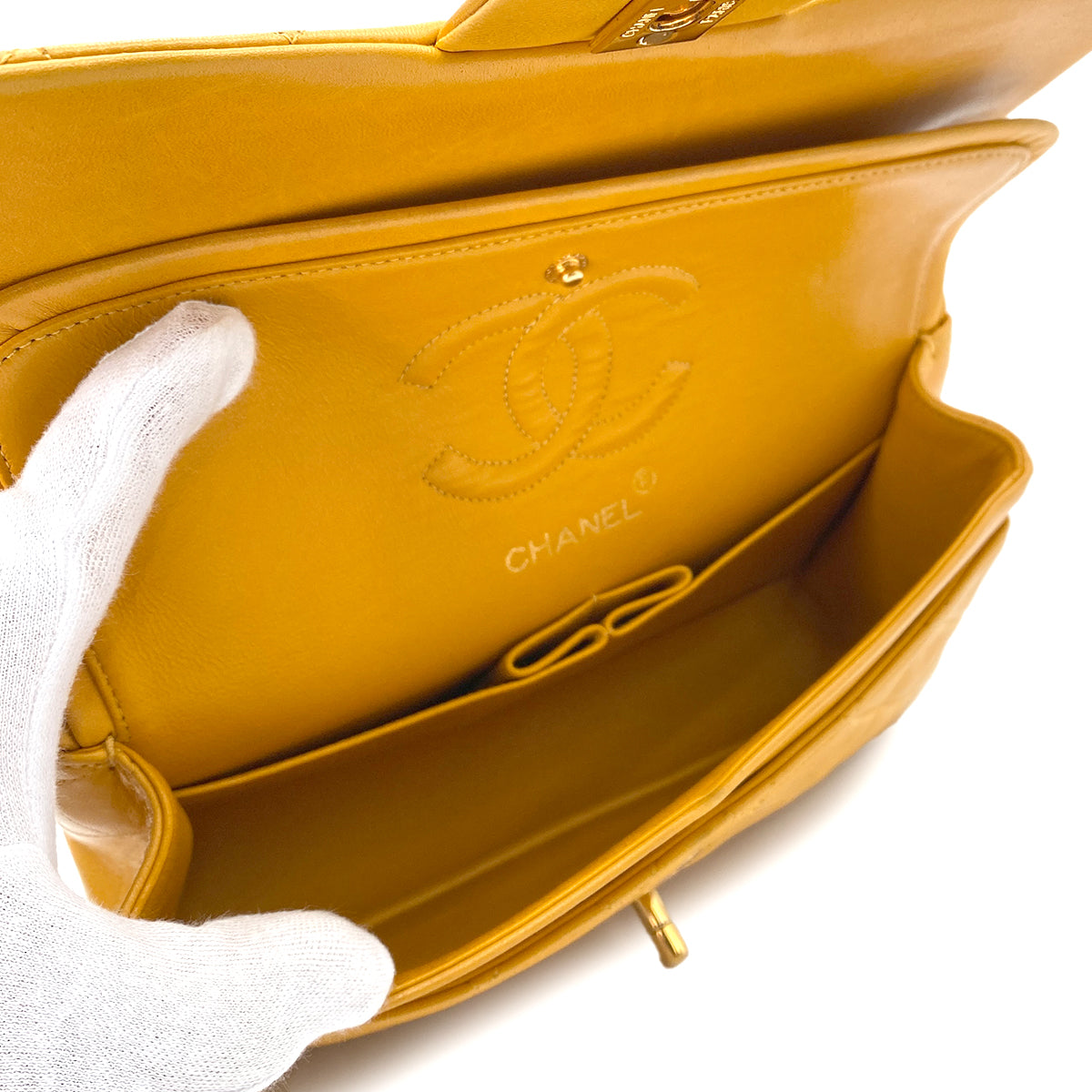 CHANEL VINTAGE CLASSIC FLAP SMALL CHAIN SHOULDER BAG YELLOW LAMB SKIN 90247320