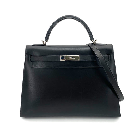 HERMES KELLY 32 SELLIER BLACK BOX CALF HAND SHOULDER BAG □D SHW 90247942