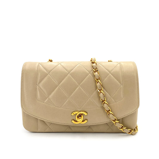 CHANEL VINTAGE DIANA SMALL CHAIN SHOULDER BAG BEIGE LAMB SKIN 90247993