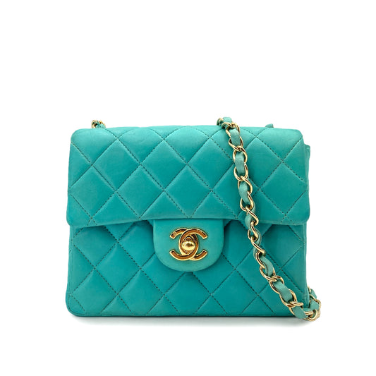 CHANEL VINTAGE MINI SQUARE 17 CHAIN SHOULDER BAG TURQUOISE BLUE LAMB SKIN 90247997