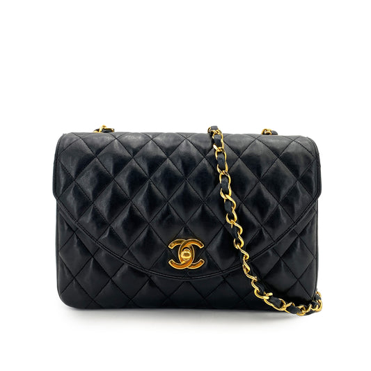 CHANEL VINTAGE HALF MOON CHAIN SHOULDER BAG BLACK LAMB SKIN 90248117
