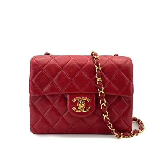 CHANEL VINTAGE MINI SQUARE 17 CHAIN SHOULDER BAG RED LAMB SKIN 90248119