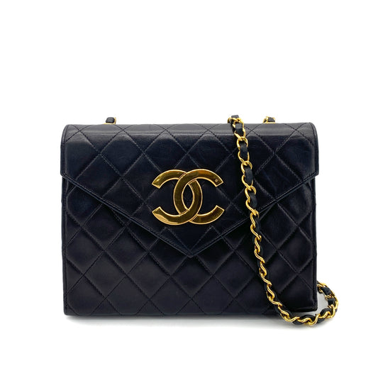 CHANEL VINTAGE MATELASSE BIG COCO CHAIN SHOULDER BAG BLACK LAMB SKIN 90248125