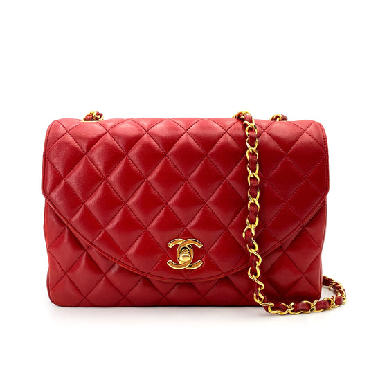CHANEL VINTAGE HALF MOON CHAIN SHOULDER BAG RED LAMB SKIN 90248131