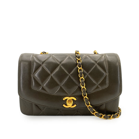 CHANEL VINTAGE DIANA SMALL CHAIN SHOULDER BAG KHAKI LAMB SKIN 90248134