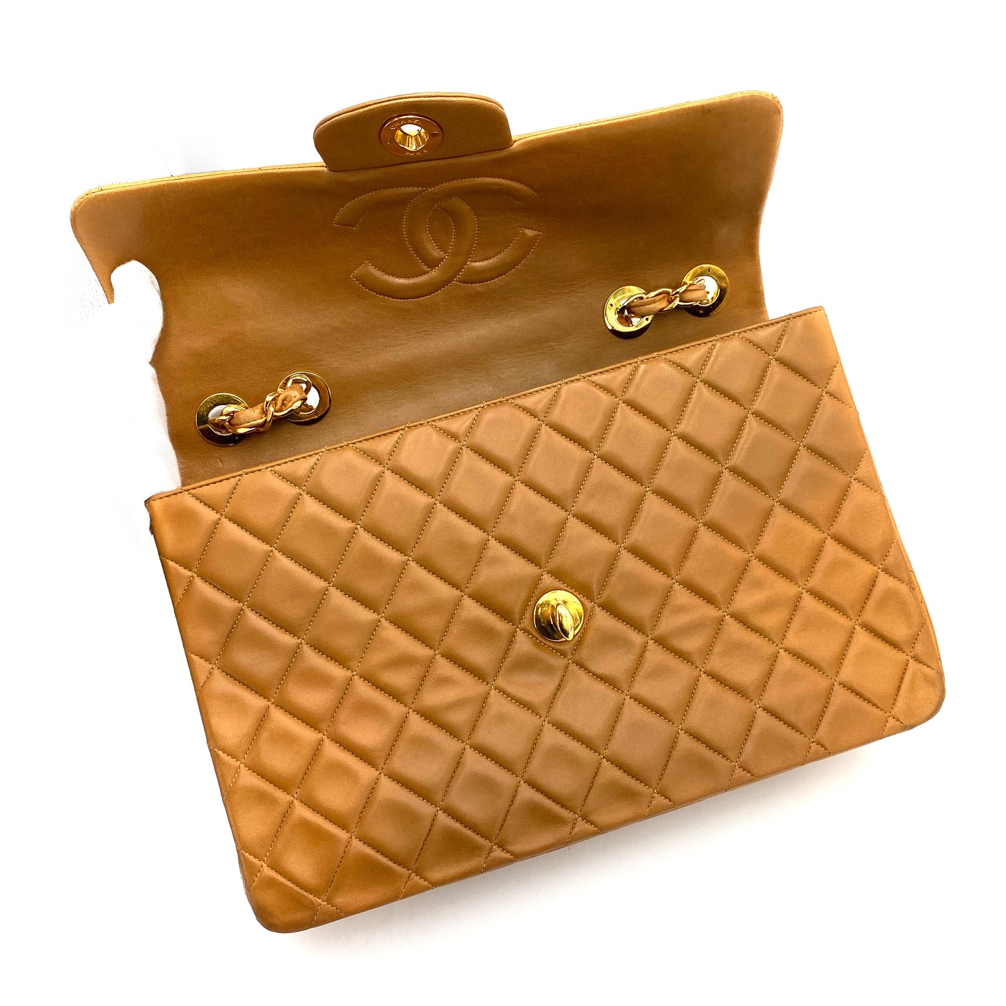 CHANEL VINTAGE MAXI MATELASSE 34 CHAIN SHOULDER BAG CAMEL LAMB SKIN 90248811