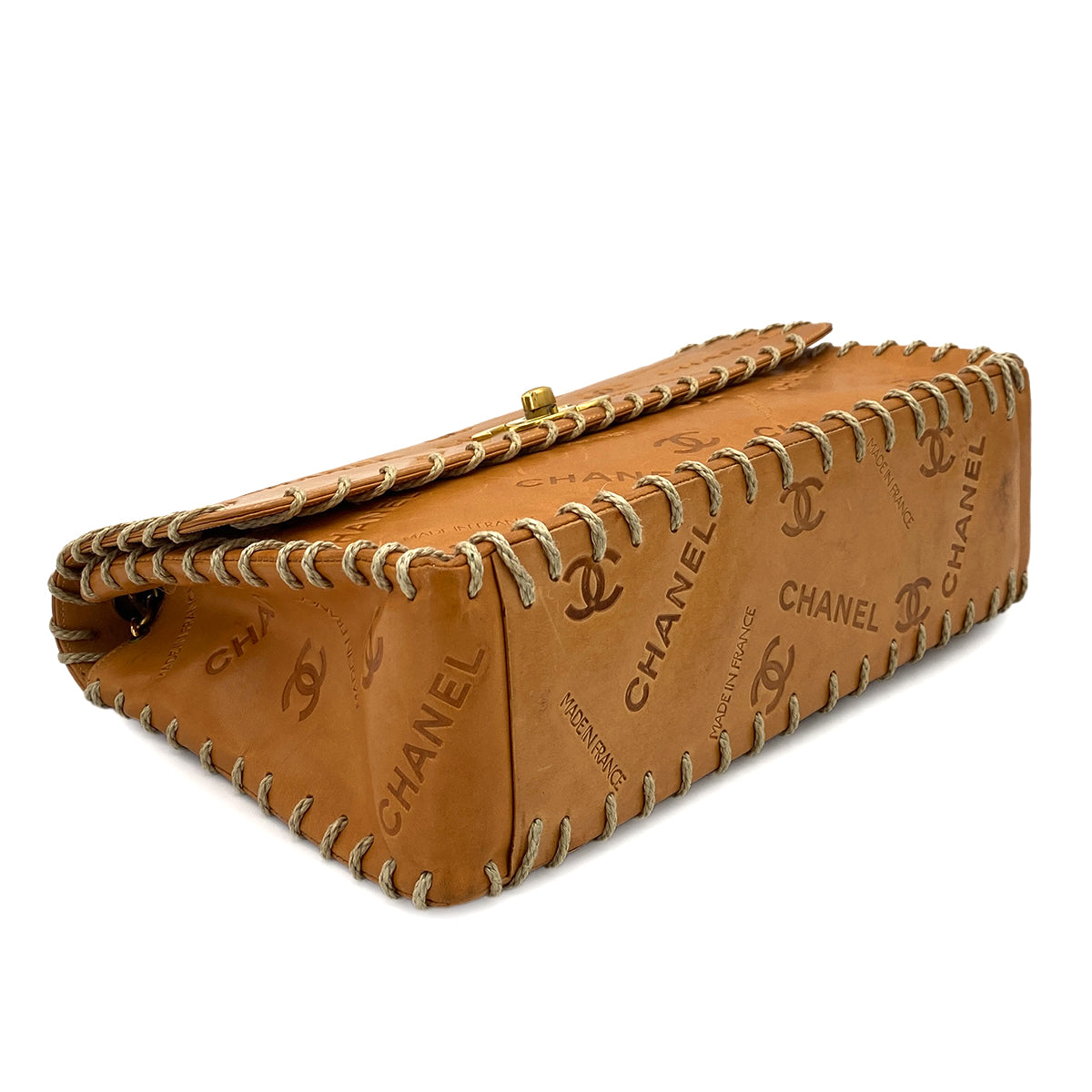 CHANEL VINTAGE MAXI 34 BIG COCO CHAIN SHOULDER BAG BEIGE LEATHER 90249032