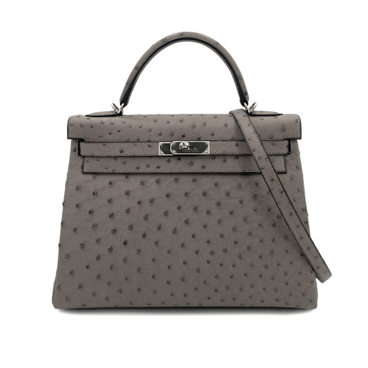HERMES KELLY 32 RETOURNE GRAY TYPE OSTRICH HAND SHOULDER BAG □M 90249810