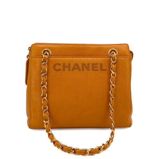 CHANEL VINTAGE CHAIN TOTE BAG ORANGE CAVIAR SKIN 90249812