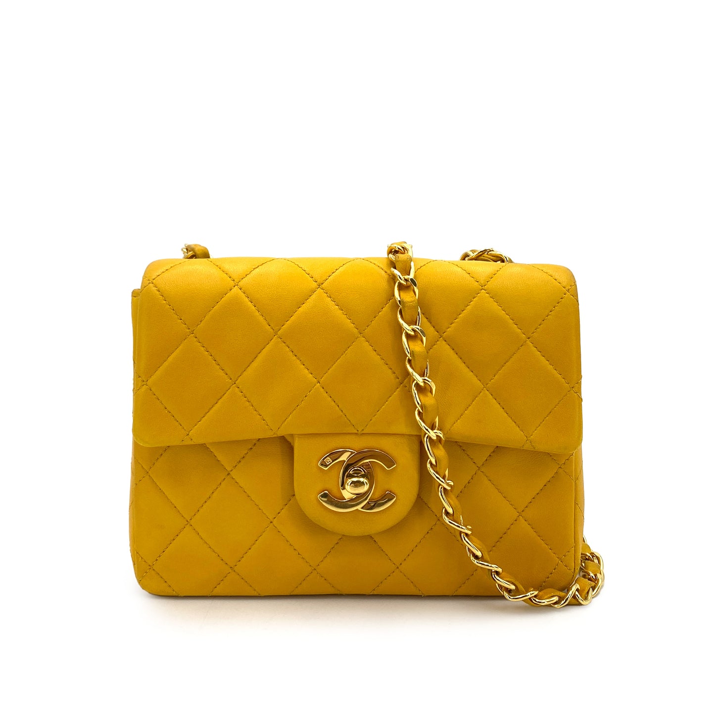 CHANEL VINTAGE MINI SQUARE 17 CHAIN SHOULDER BAG YELLOW LAMB SKIN 90249820