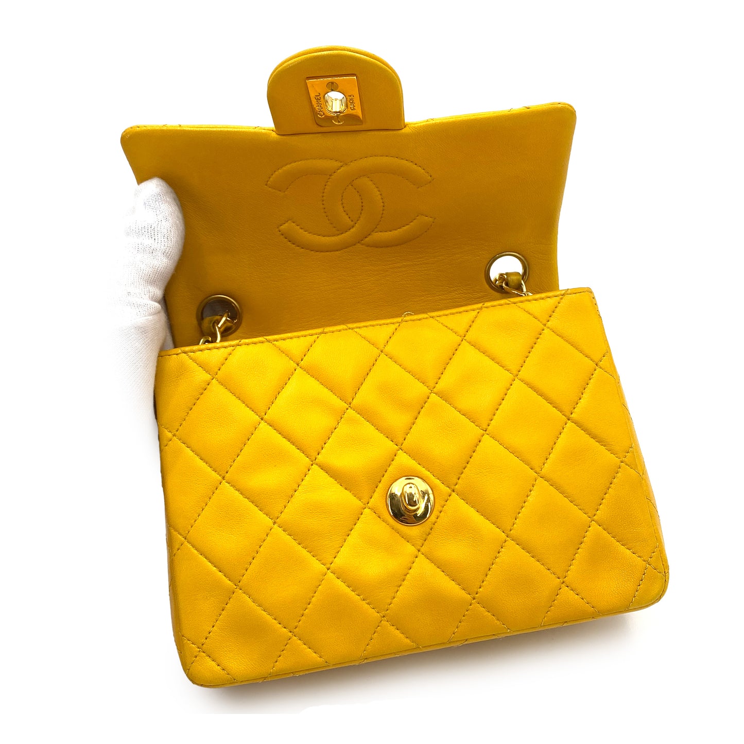 CHANEL VINTAGE MINI SQUARE 17 CHAIN SHOULDER BAG YELLOW LAMB SKIN 90249820