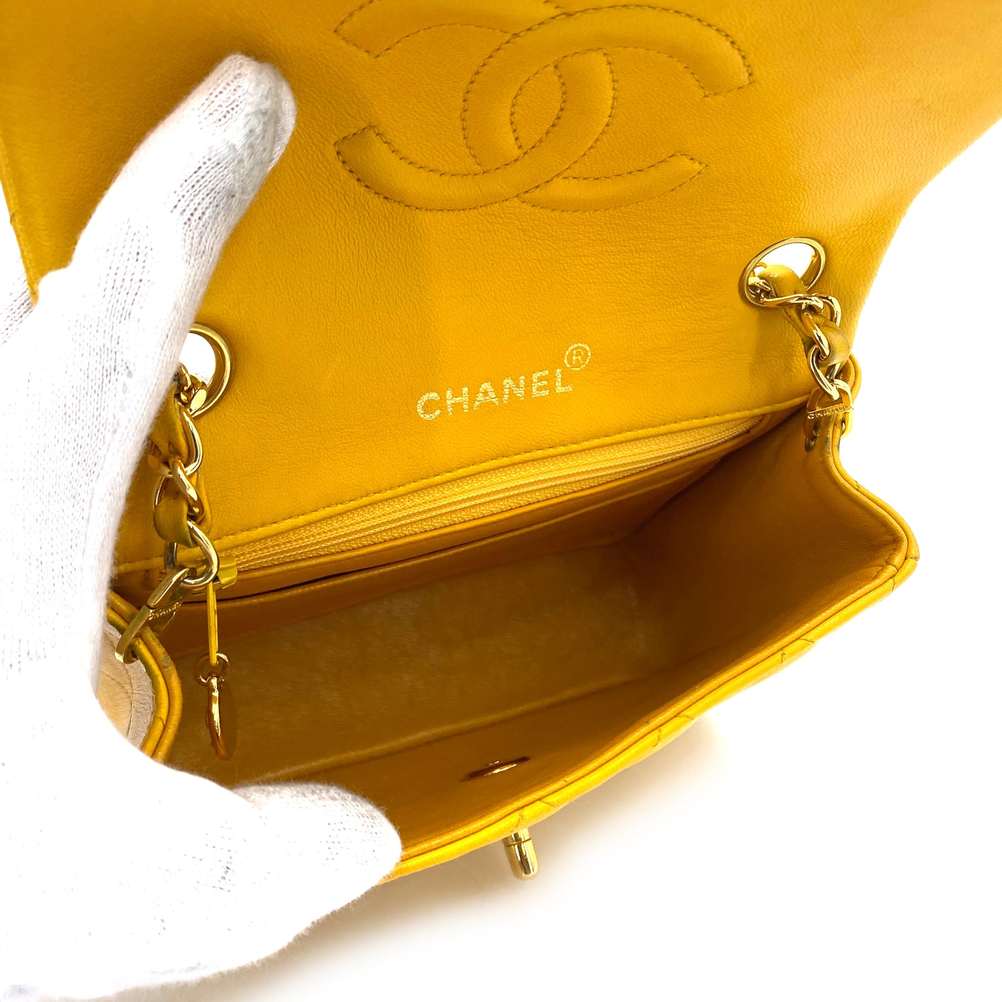 CHANEL VINTAGE MINI SQUARE 17 CHAIN SHOULDER BAG YELLOW LAMB SKIN 90249820