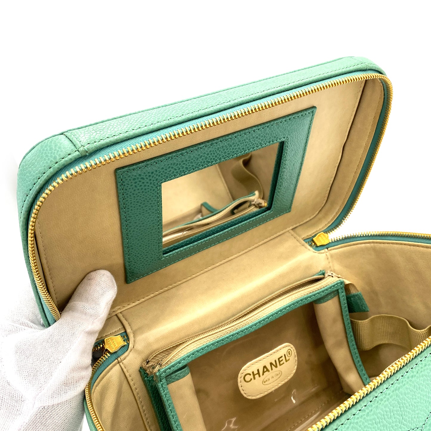 CHANEL VINTAGE 2WAY VANITY HAND SHOULDER BAG GREEN CAVIAR SKIN 90249994
