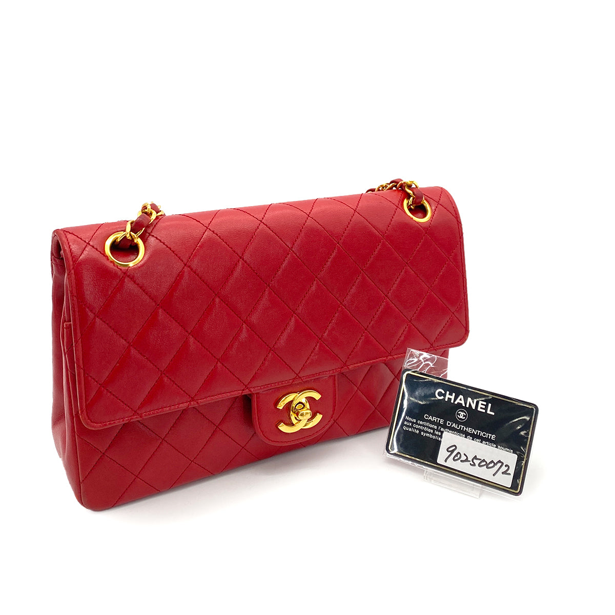 CHANEL VINTAGE STRAIGHT FLAP CHAIN SHOULDER BAG RED LAMB SKIN 90250072