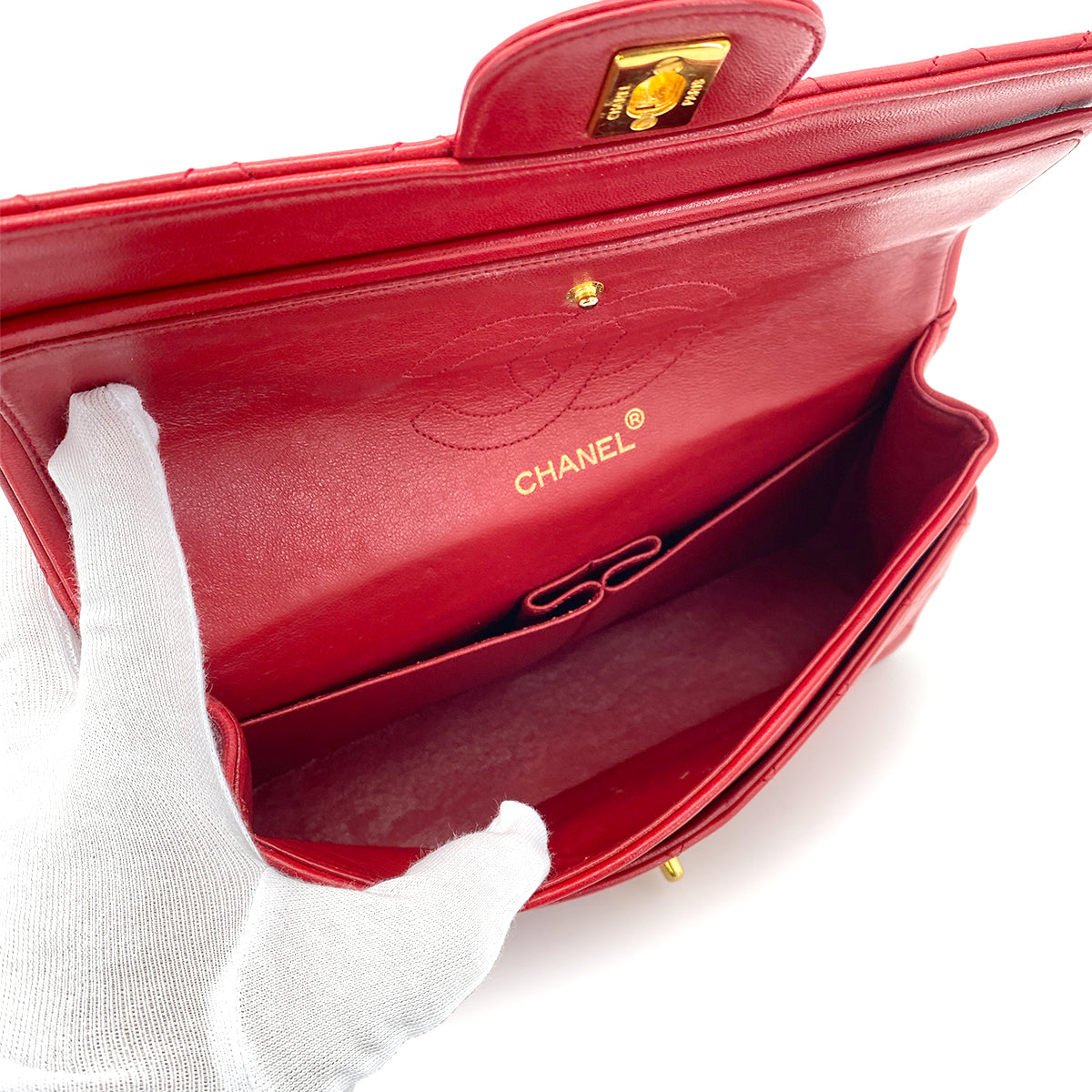 CHANEL VINTAGE STRAIGHT FLAP CHAIN SHOULDER BAG RED LAMB SKIN 90250072