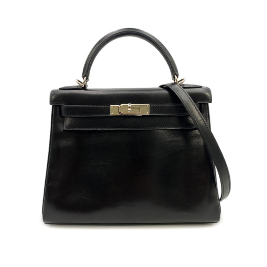 HERMES KELLY 28 RETOURNE BLACK BOXCALF HAND SHOULDER BAG □L 90250074