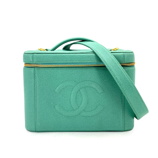 CHANEL VINTAGE 2WAY VANITY HAND SHOULDER BAG GREEN CAVIAR SKIN 90250081