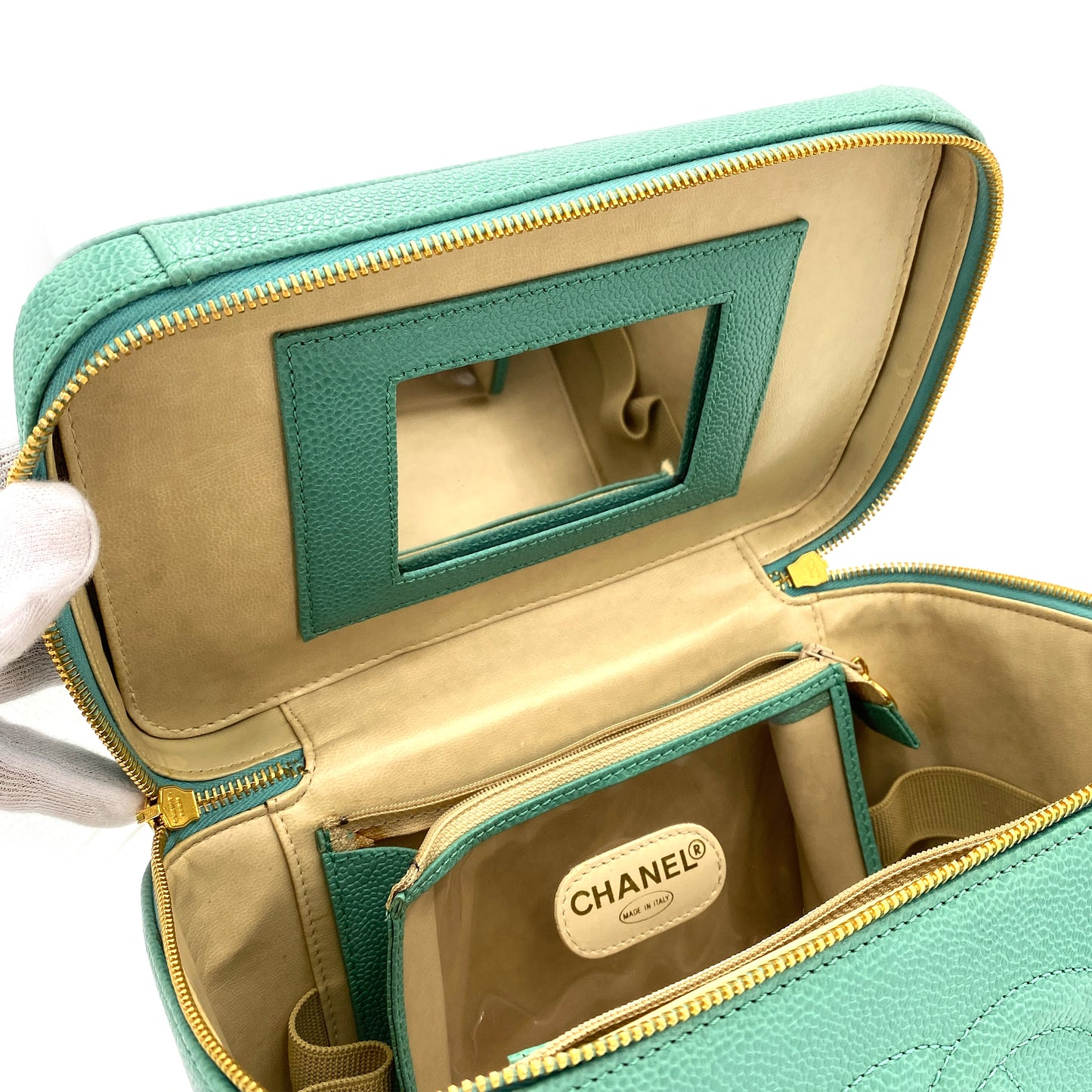 CHANEL VINTAGE 2WAY VANITY HAND SHOULDER BAG GREEN CAVIAR SKIN 90250081
