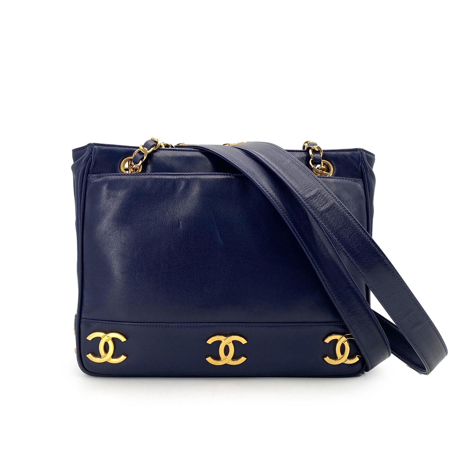 CHANEL VINTAGE TRIPLE COCO CHAIN TOTE BAG NAVY LAMB SKIN 90250083