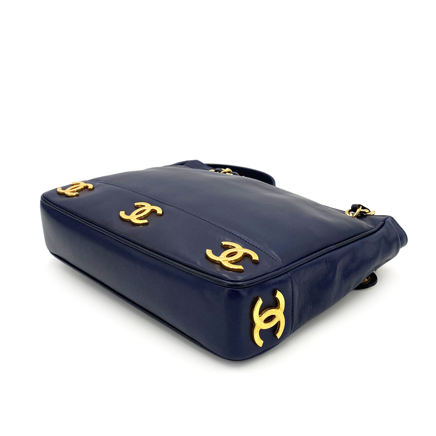 CHANEL VINTAGE TRIPLE COCO CHAIN TOTE BAG NAVY LAMB SKIN 90250083