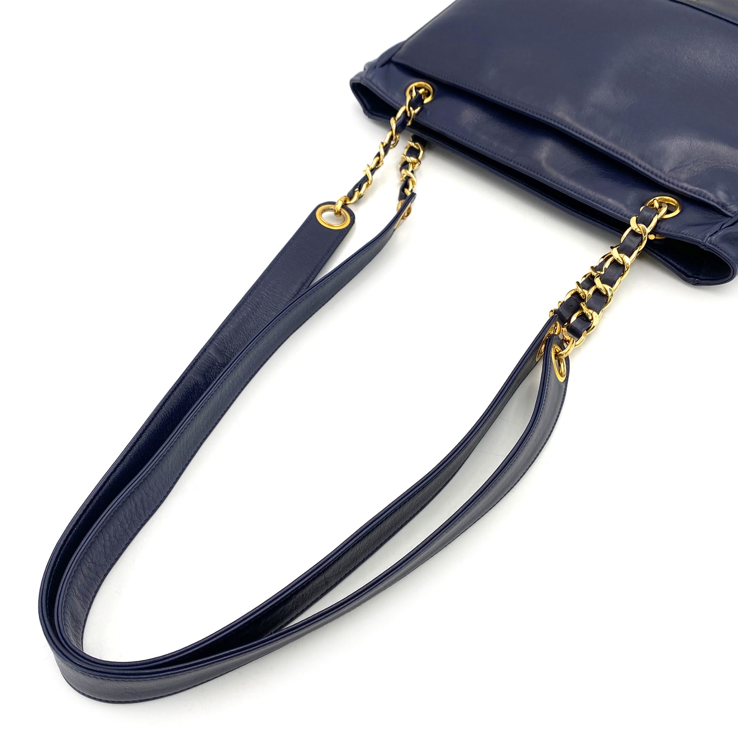 CHANEL VINTAGE TRIPLE COCO CHAIN TOTE BAG NAVY LAMB SKIN 90250083