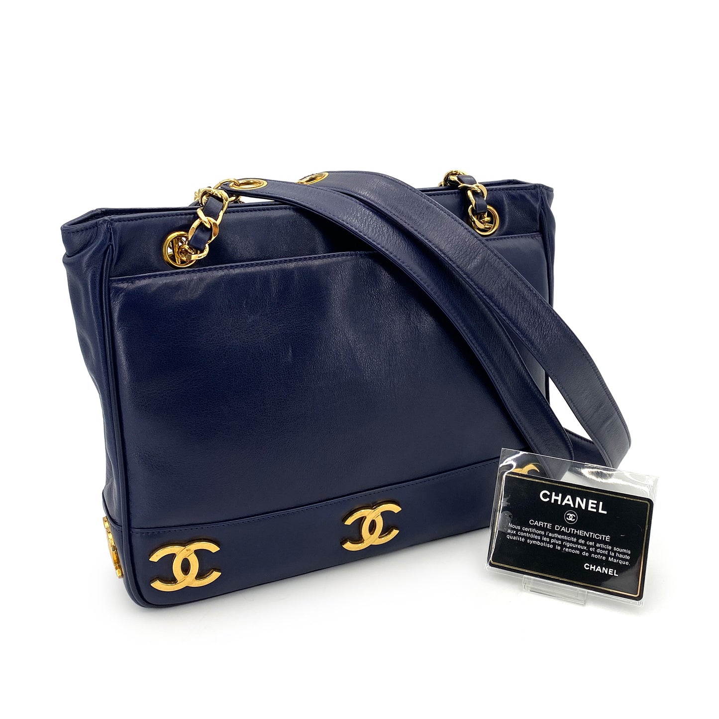 CHANEL VINTAGE TRIPLE COCO CHAIN TOTE BAG NAVY LAMB SKIN 90250083