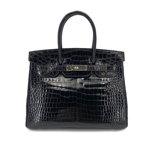 HERMES BIRKIN 30 BLACK CROCODILE POROSUS LISSE HAND BAG □Q SHW 90250279