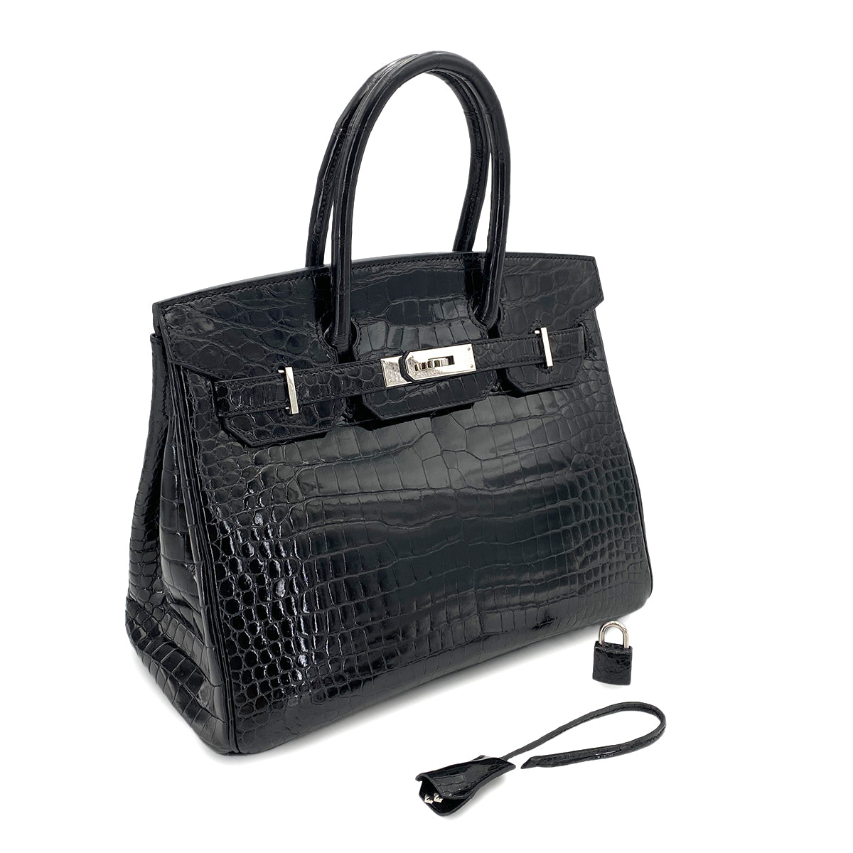 HERMES BIRKIN 30 BLACK CROCODILE POROSUS LISSE HAND BAG □Q SHW 90250279