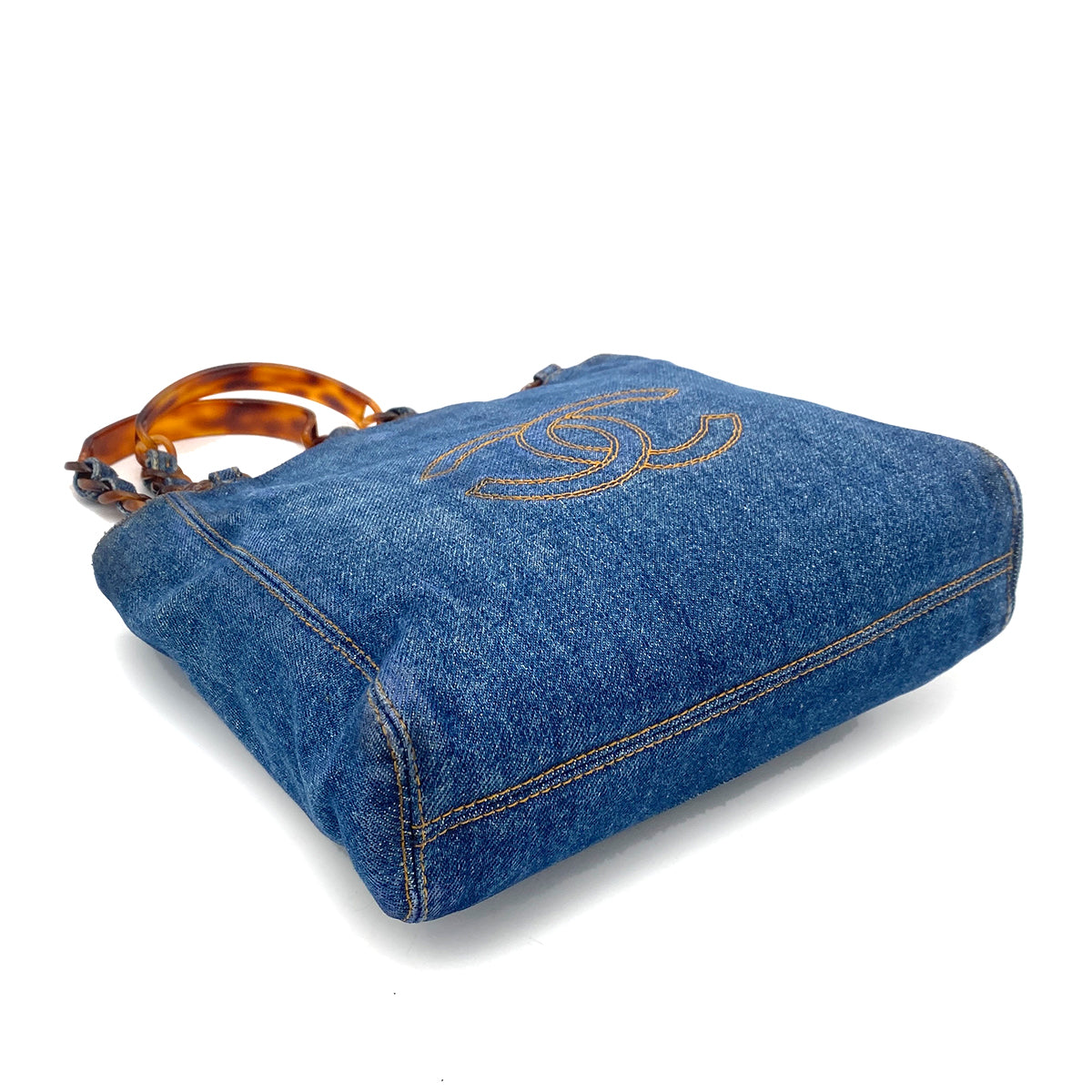 CHANEL VINTAGE DENIM DECACOCO TORTOISESHELL HANDLE CHAIN TOTE BAG 90259139