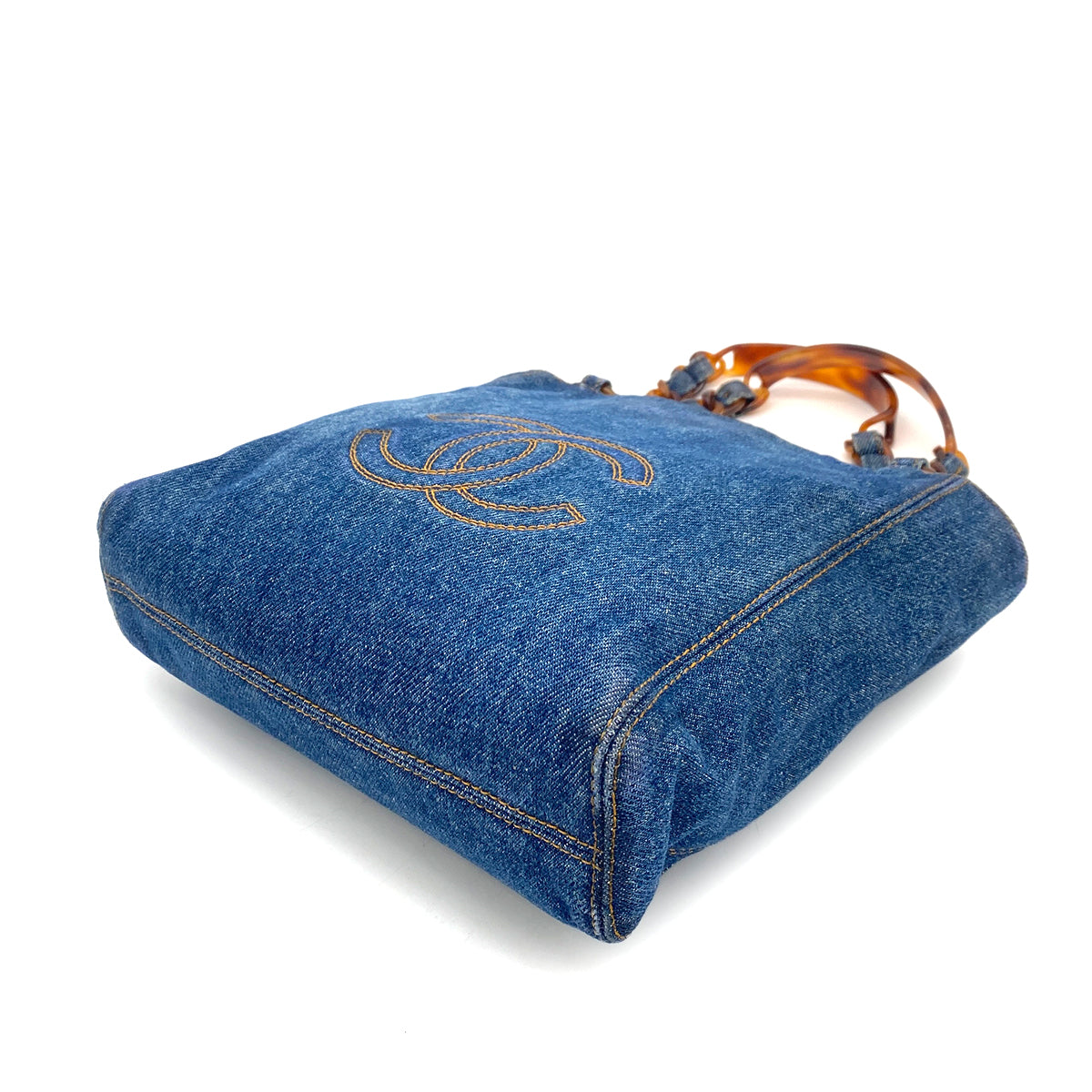 CHANEL VINTAGE DENIM DECACOCO TORTOISESHELL HANDLE CHAIN TOTE BAG 90259139