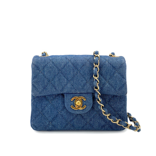 CHANEL VINTAGE MINI SQUARE CHAIN SHOULDER BAG BLUE DENIM 90250466