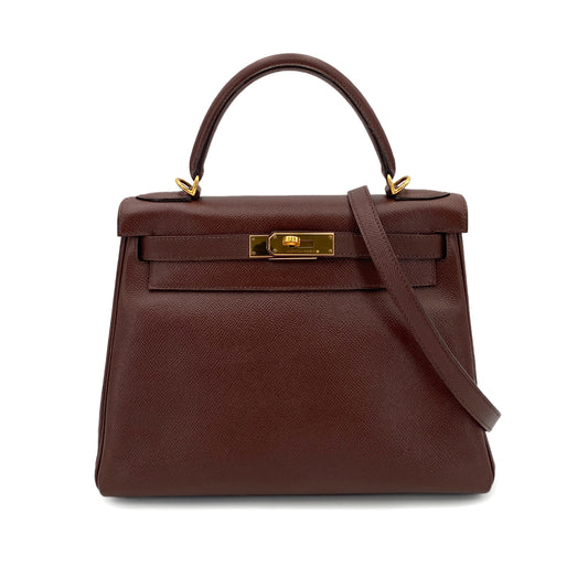 HERMES KELLY 28 RETOURNE BROWN TYPE COUCHVEL HAND SHOULDER BAG □E 90250467