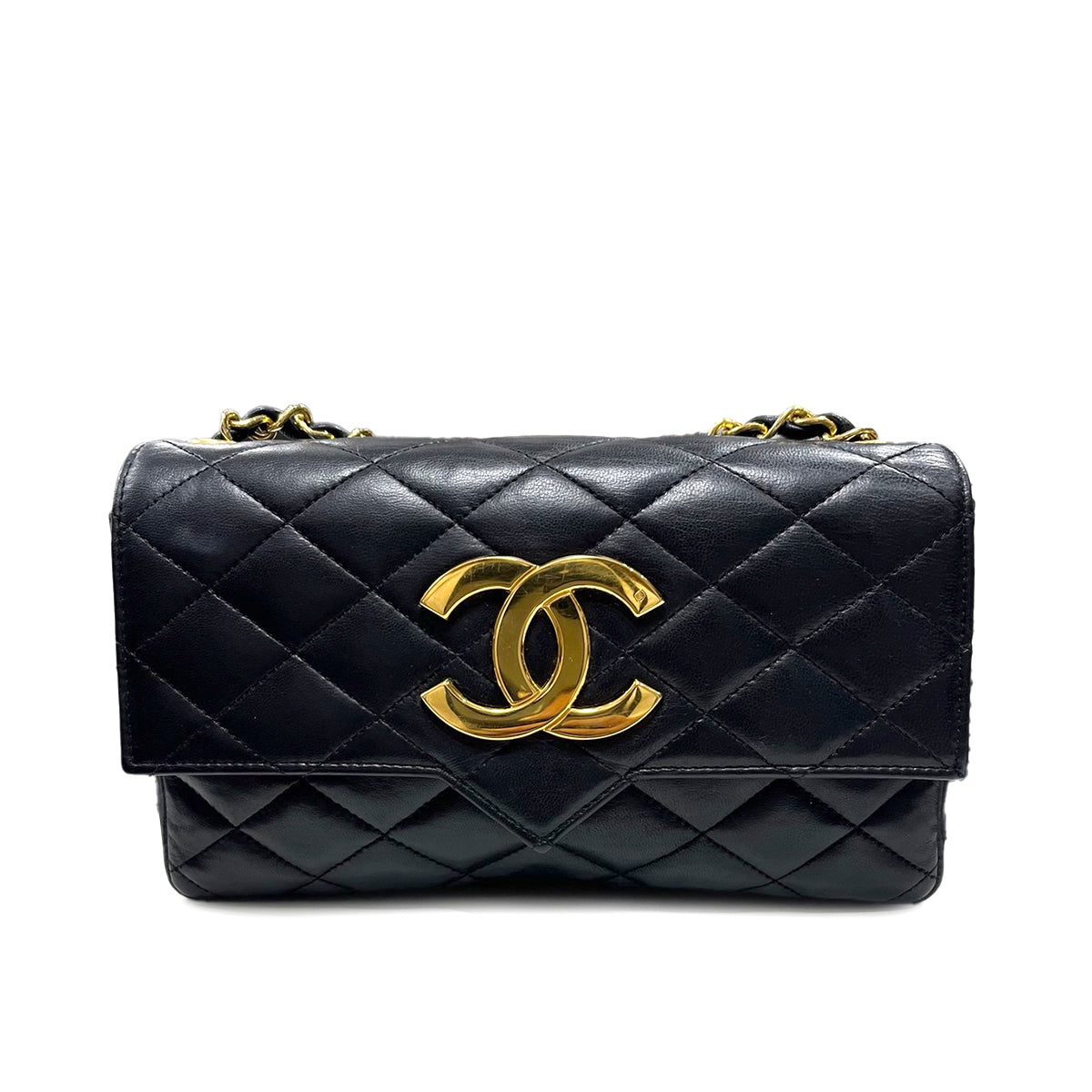 CHANEL VINTAGE BIG COCO MATELASSE CHAIN SHOULDER BAG BLACK LAMB SKIN 90250746