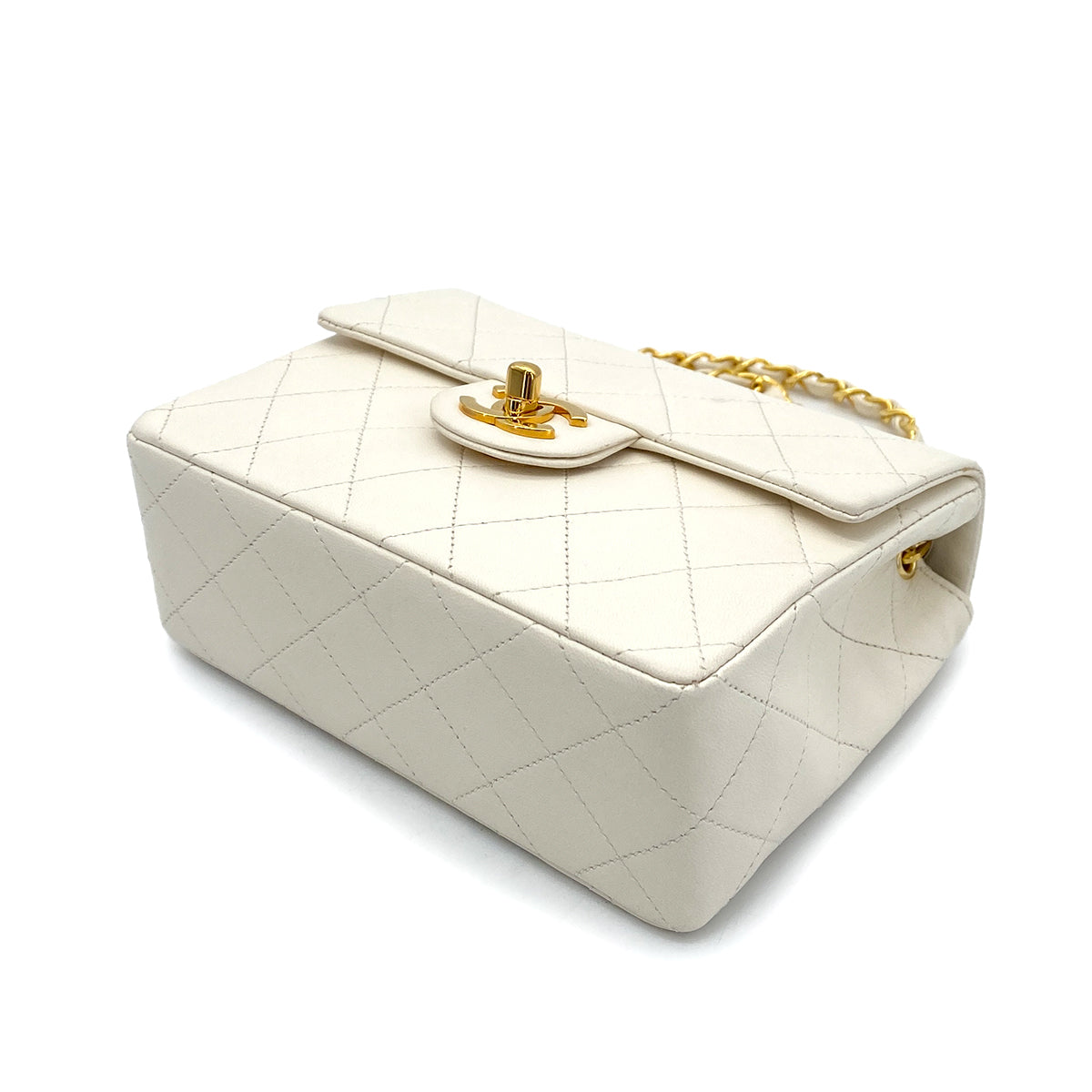 CHANEL VINTAGE MINI SQUARE 17 CHAIN SHOULDER BAG WHITE LAMB SKIN 90250747