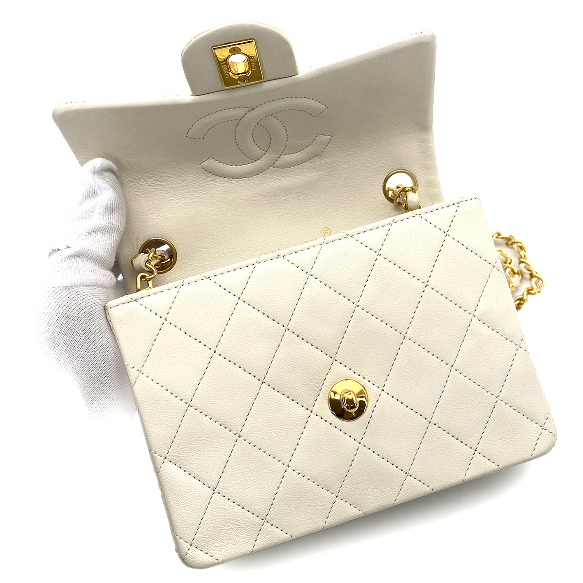CHANEL VINTAGE MINI SQUARE 17 CHAIN SHOULDER BAG WHITE LAMB SKIN 90250747
