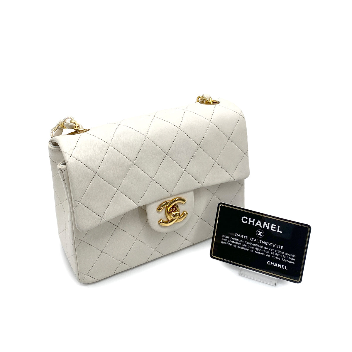CHANEL VINTAGE MINI SQUARE 17 CHAIN SHOULDER BAG WHITE LAMB SKIN 90250747