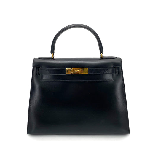 HERMES KELLY 28 SELLIER BLACK BOXCALF HAND SHOULDER BAG 〇Q 90251102