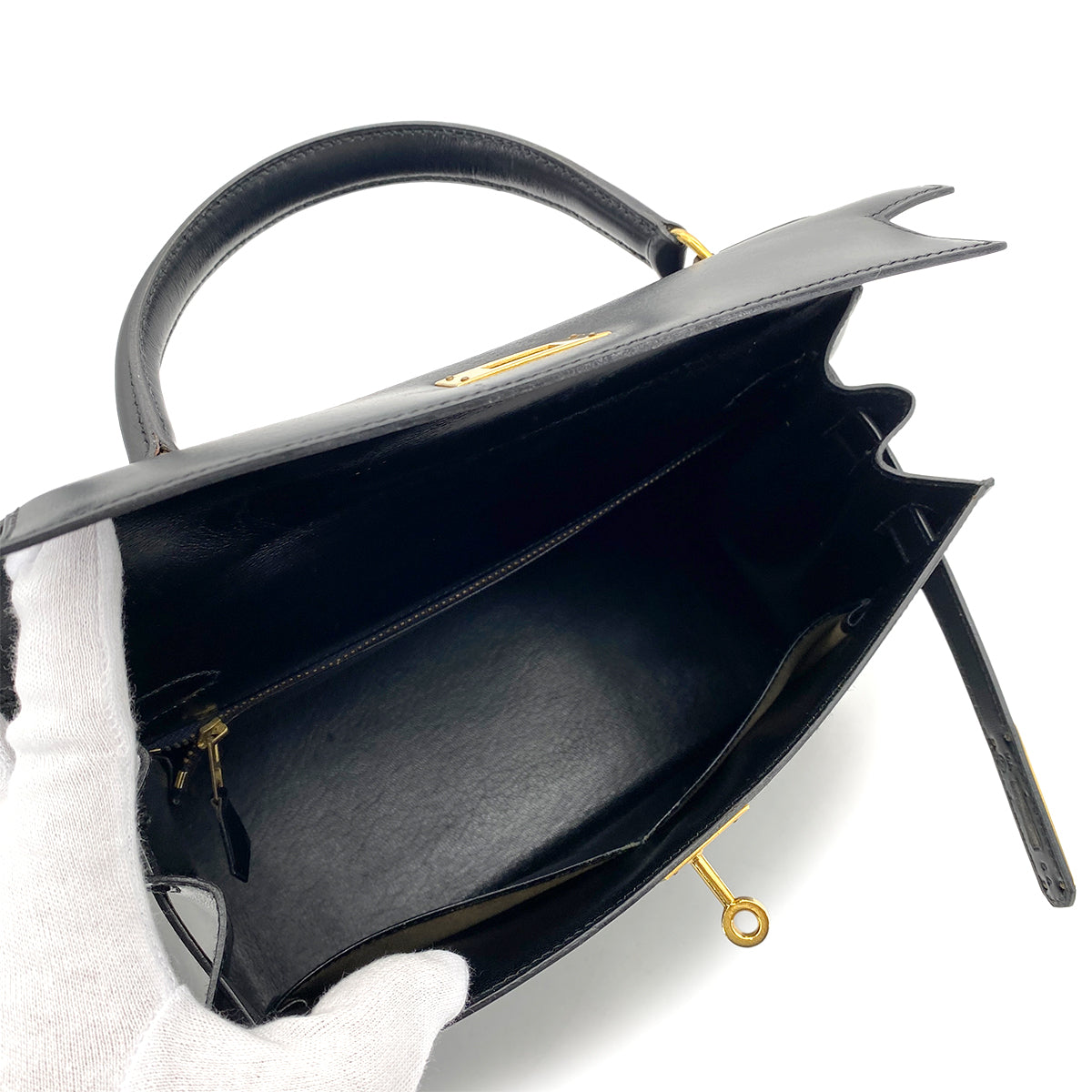 HERMES KELLY 28 SELLIER BLACK BOXCALF HAND SHOULDER BAG 〇Q 90251102