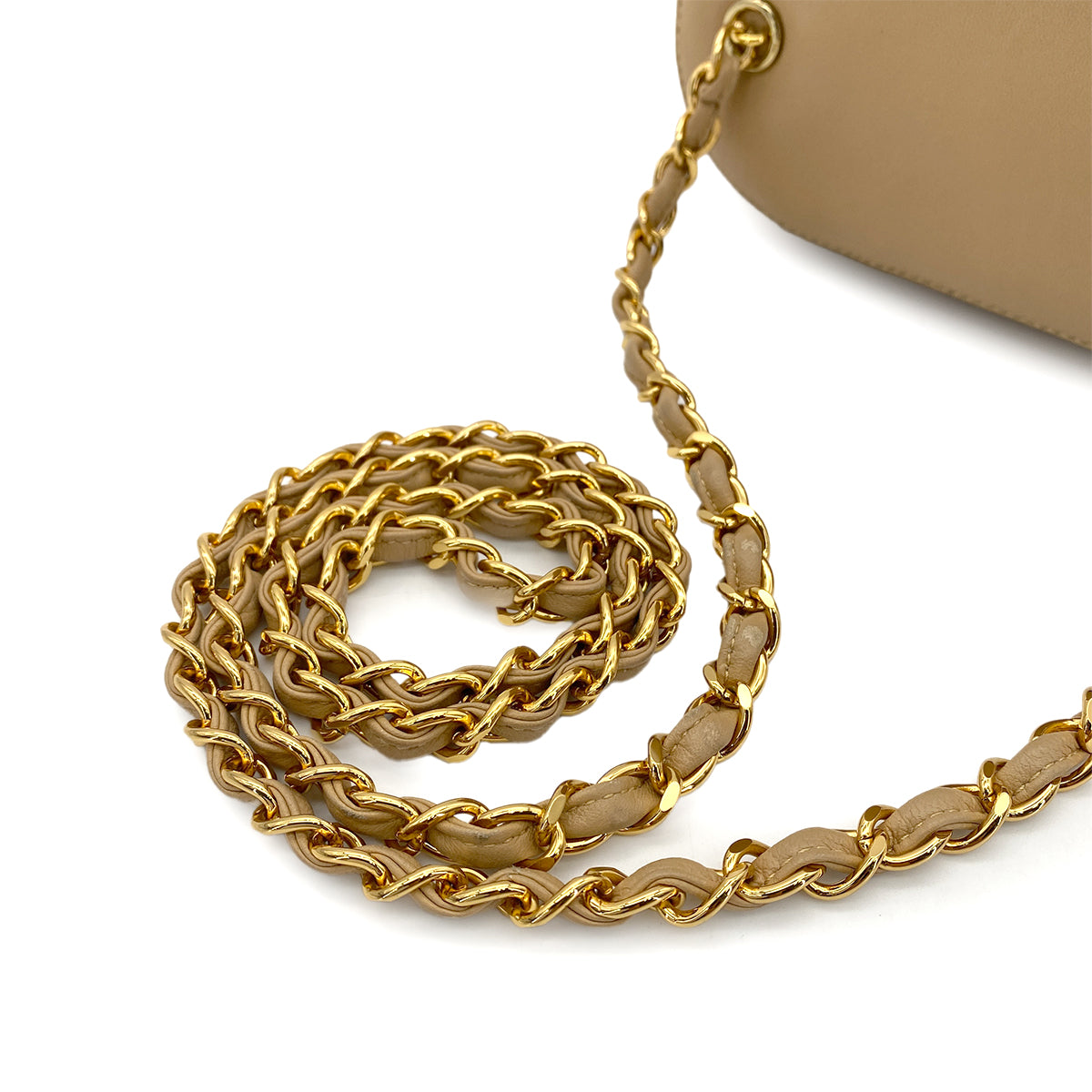 CHANEL VINTAGE CHAIN SHOULDER BEIGE BROWN RATTAN LEATHER 90251383
