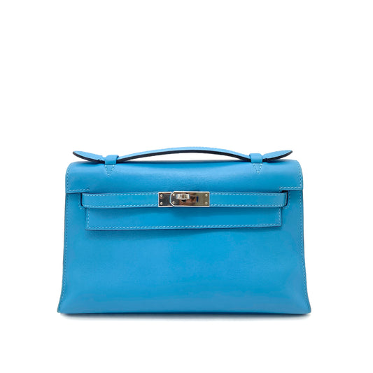 HERMES KELLY POCHETTE SELLIER TURQUOISE SWIFT HAND BAG D SHW 90251384