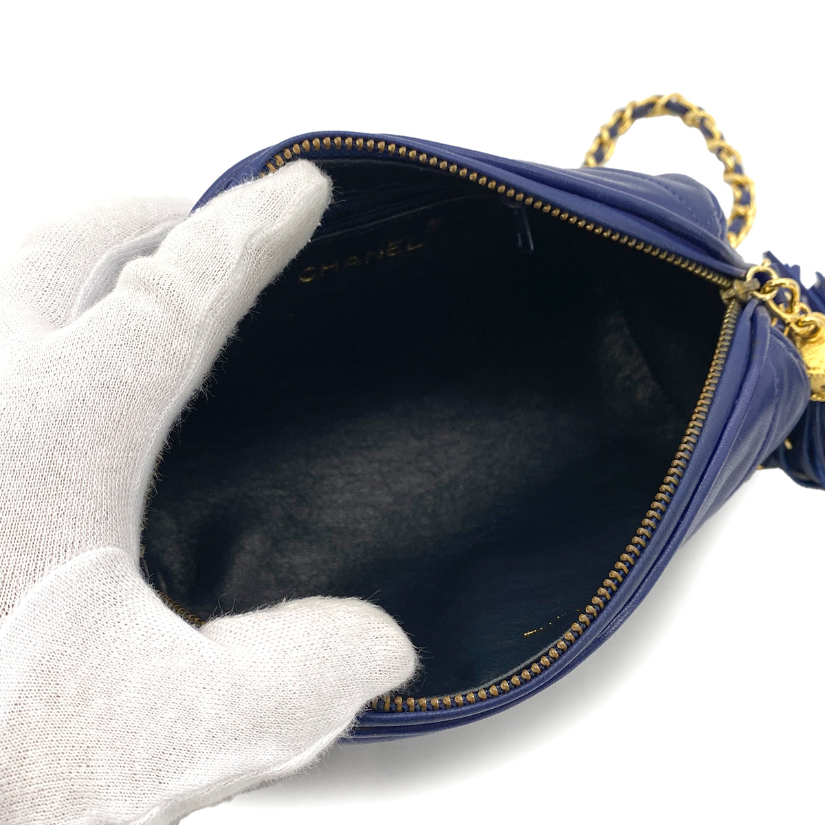 CHANEL VINTAGE FRINGE CHAIN SHOULDER BAG BLUE LAMB SKIN 90251967