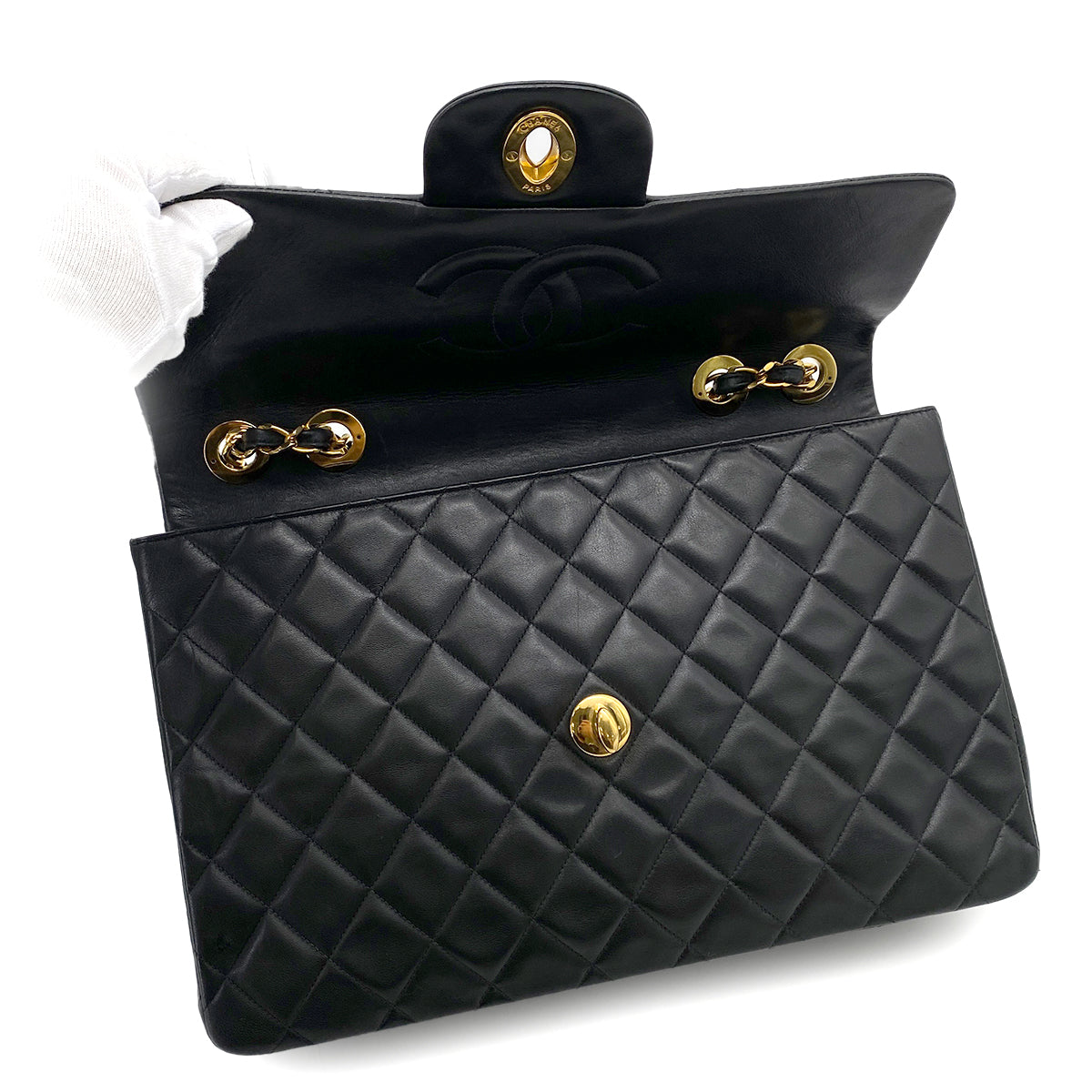 CHANEL VINTAGE MAXI MATELASSE 34 CHAIN SHOULDER BAG BLACK LAMB SKIN 90252002