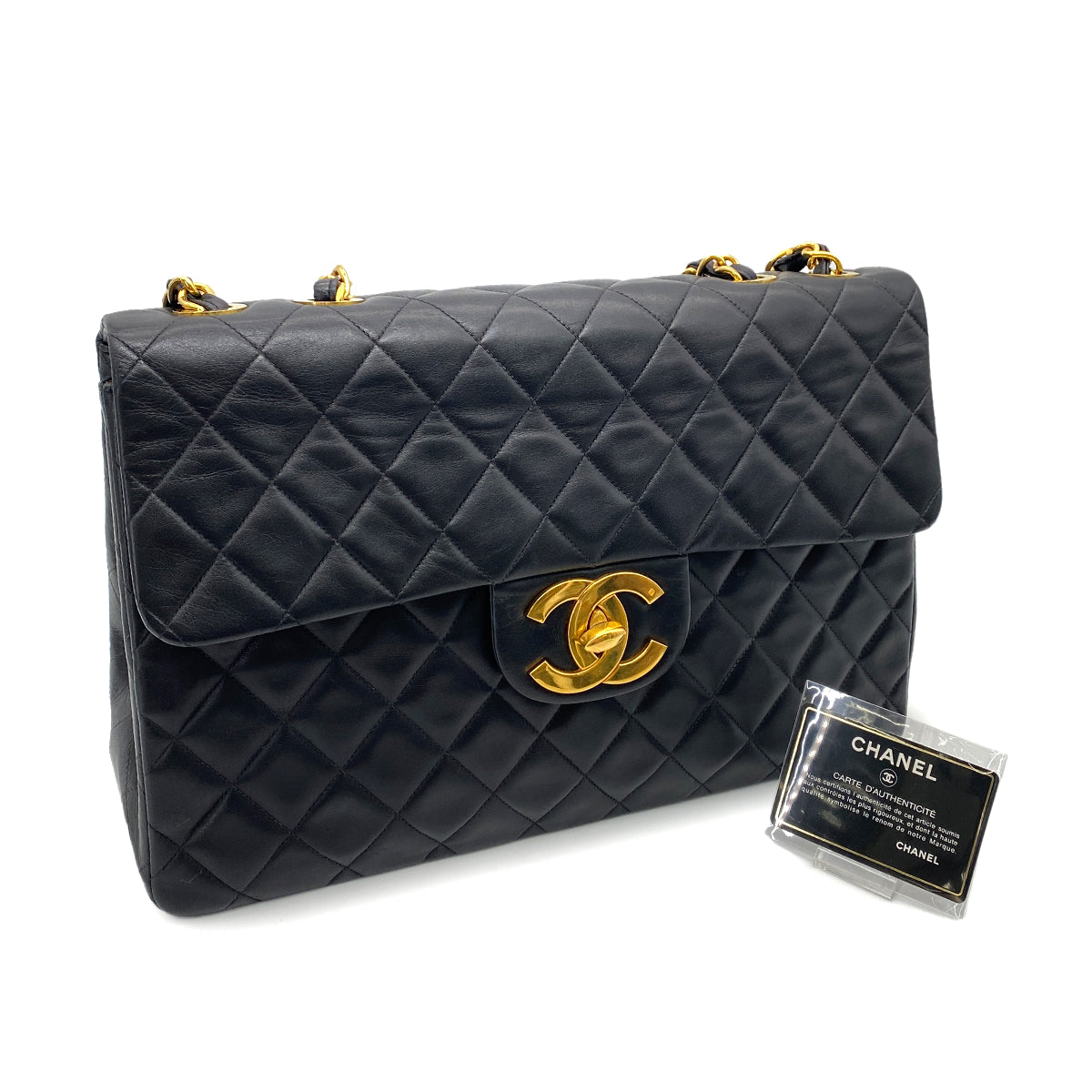 CHANEL VINTAGE MAXI MATELASSE 34 CHAIN SHOULDER BAG BLACK LAMB SKIN 90252002