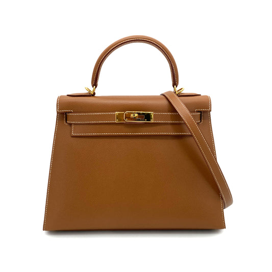 HERMES KELLY 28 SELLIER GOLD COUCHEVEL HAND SHOULDER BAG □D 90252019