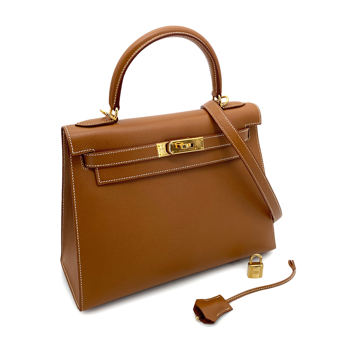 HERMES KELLY 28 SELLIER GOLD COUCHEVEL HAND SHOULDER BAG □D 90252019