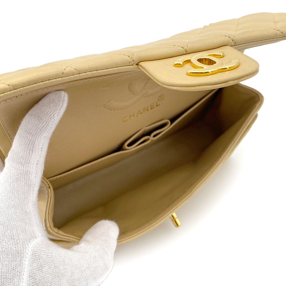 CHANEL VINTAGE CLASSIC FLAP SMALL CHAIN SHOULDER BAG BEIGE LAMB SKIN 90252548