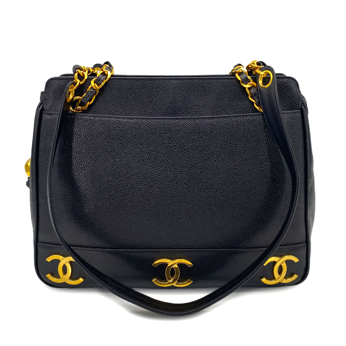 CHANEL VINTAGE TRIPLE COCO CHAIN TOTE BAG BLACK CAVIAR SKIN 90252557
