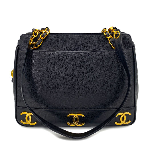CHANEL VINTAGE TRIPLE COCO CHAIN TOTE BAG BLACK CAVIAR SKIN 90252557