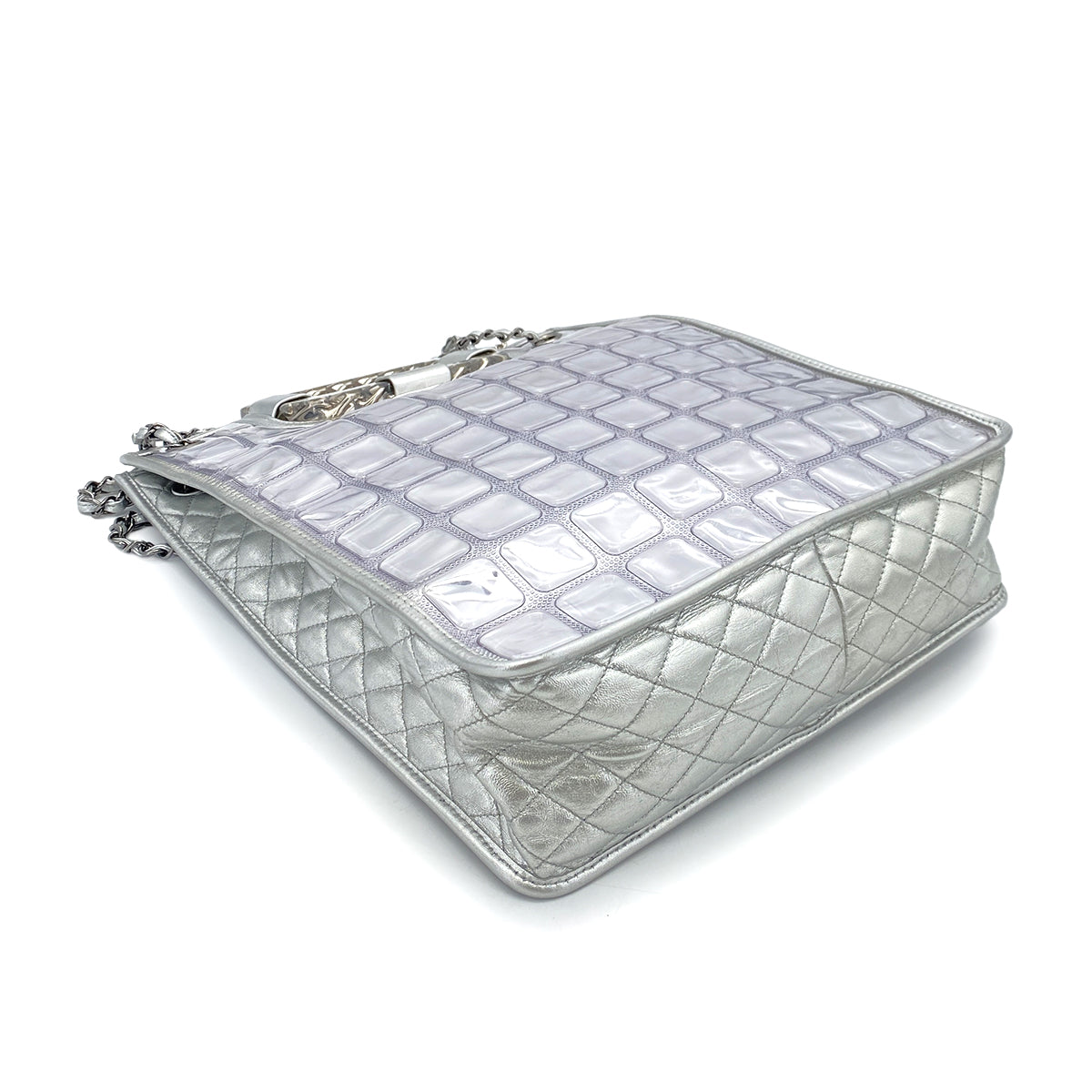 CHANEL VINTAGE ICE CUBE CHAIN HAND SHOULDER BAG SILVER VINYL LEATHER 90252564